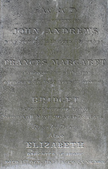 John & Bridget
          Andrews gravestone