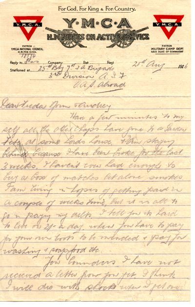 Letter from England before
        going to the front 1916